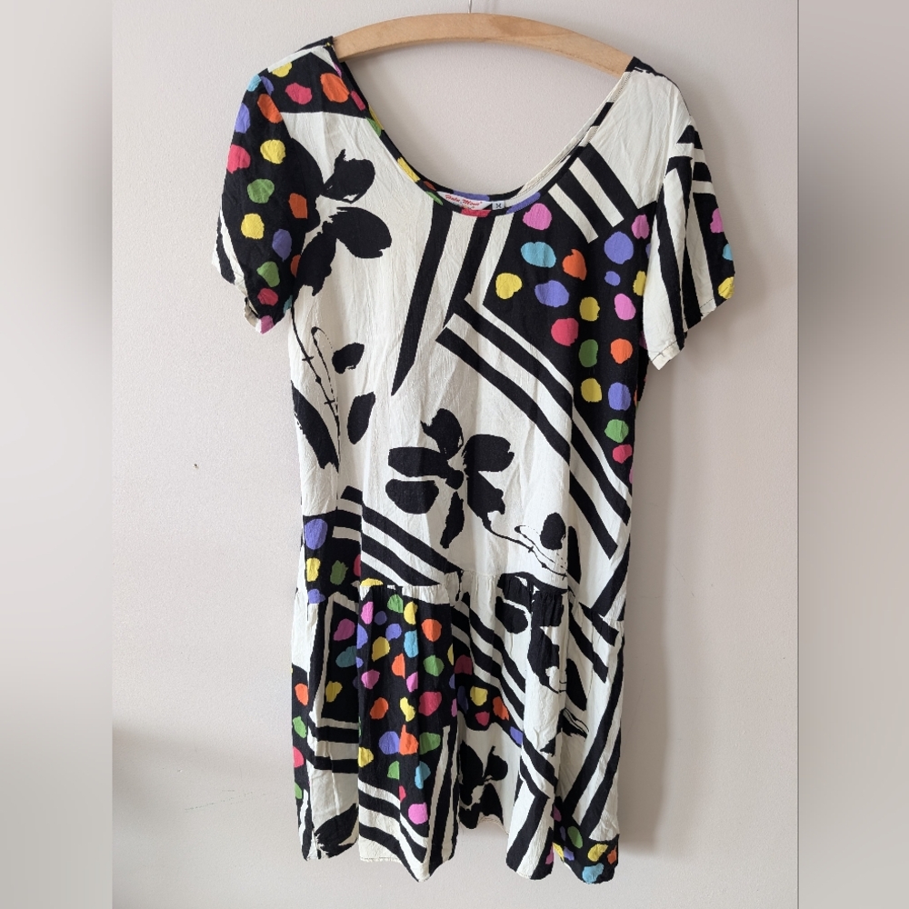 Vintage Black and White Midi Dress with Multicolor Accents